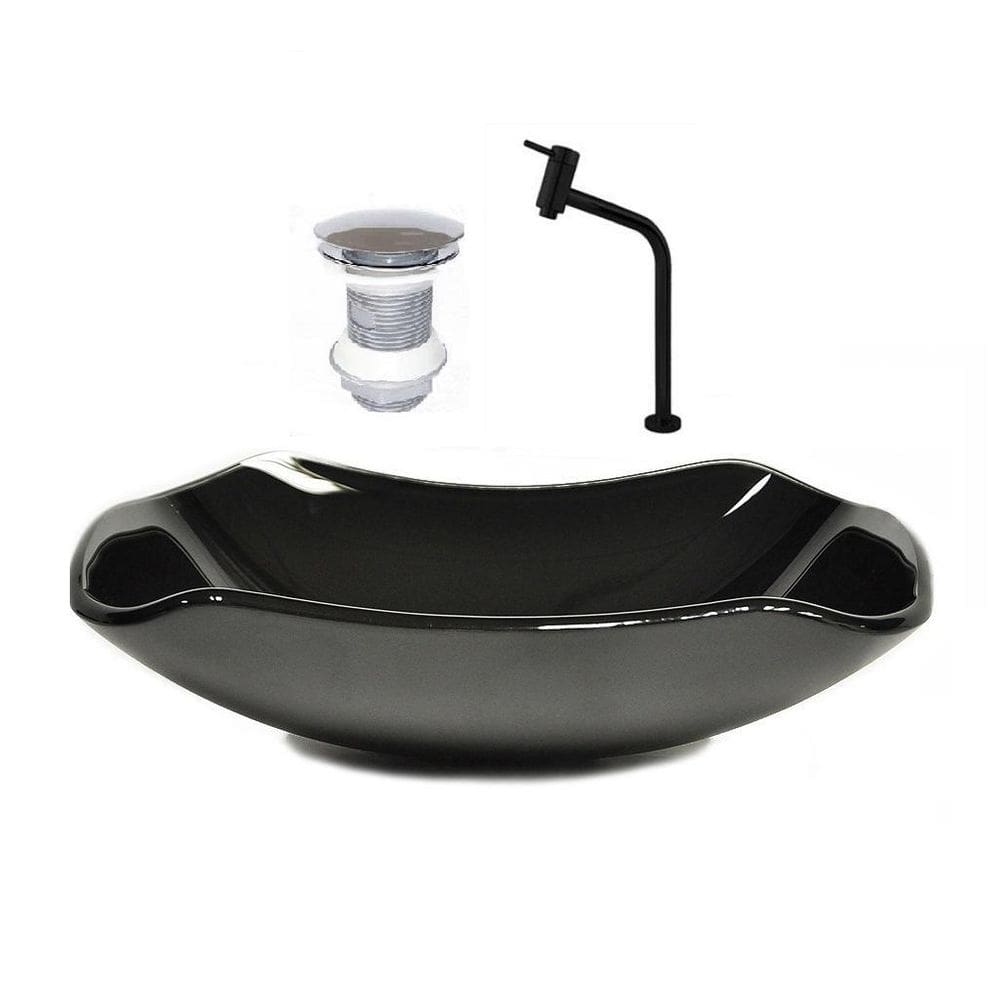 Cuba De Vidro Abaulada 51Cm Preto + Valvula + Torneira Preta