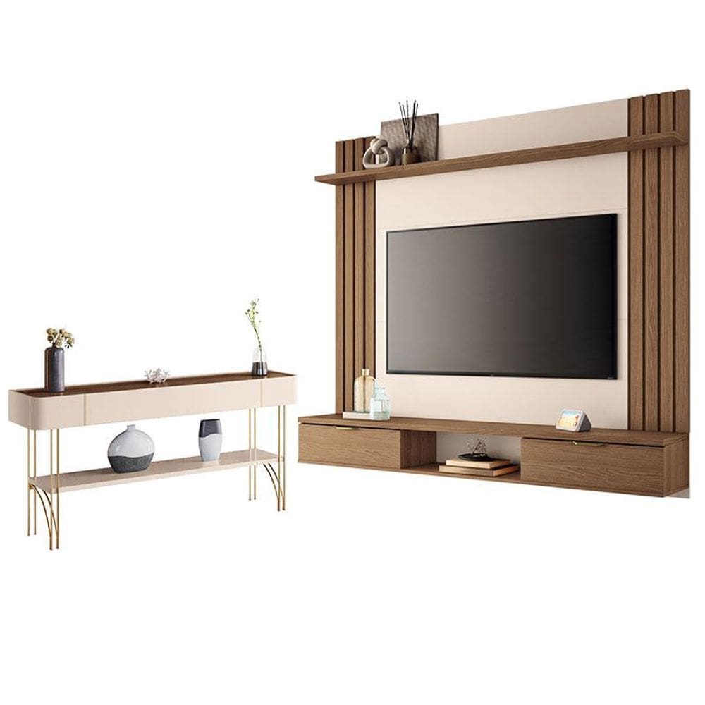 Painel para TV Suspenso Solus e Aparador Vivant Castanho Off White - HB Móveis
