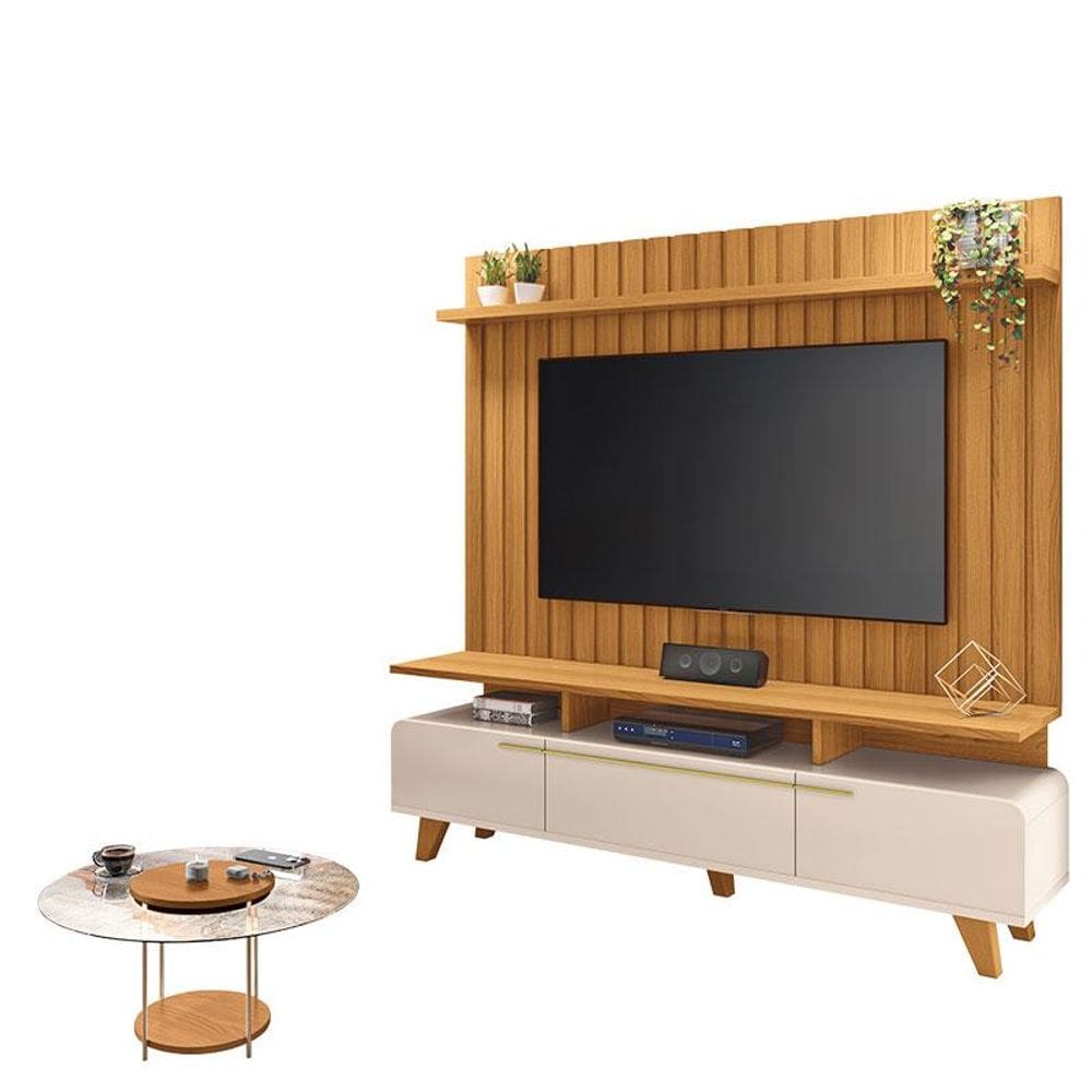 Rack Bancada Essenza e Painel Link 2.0 com Mesa de Centro Sky Tampo de Vidro Off White Cinamomo - HB Móveis