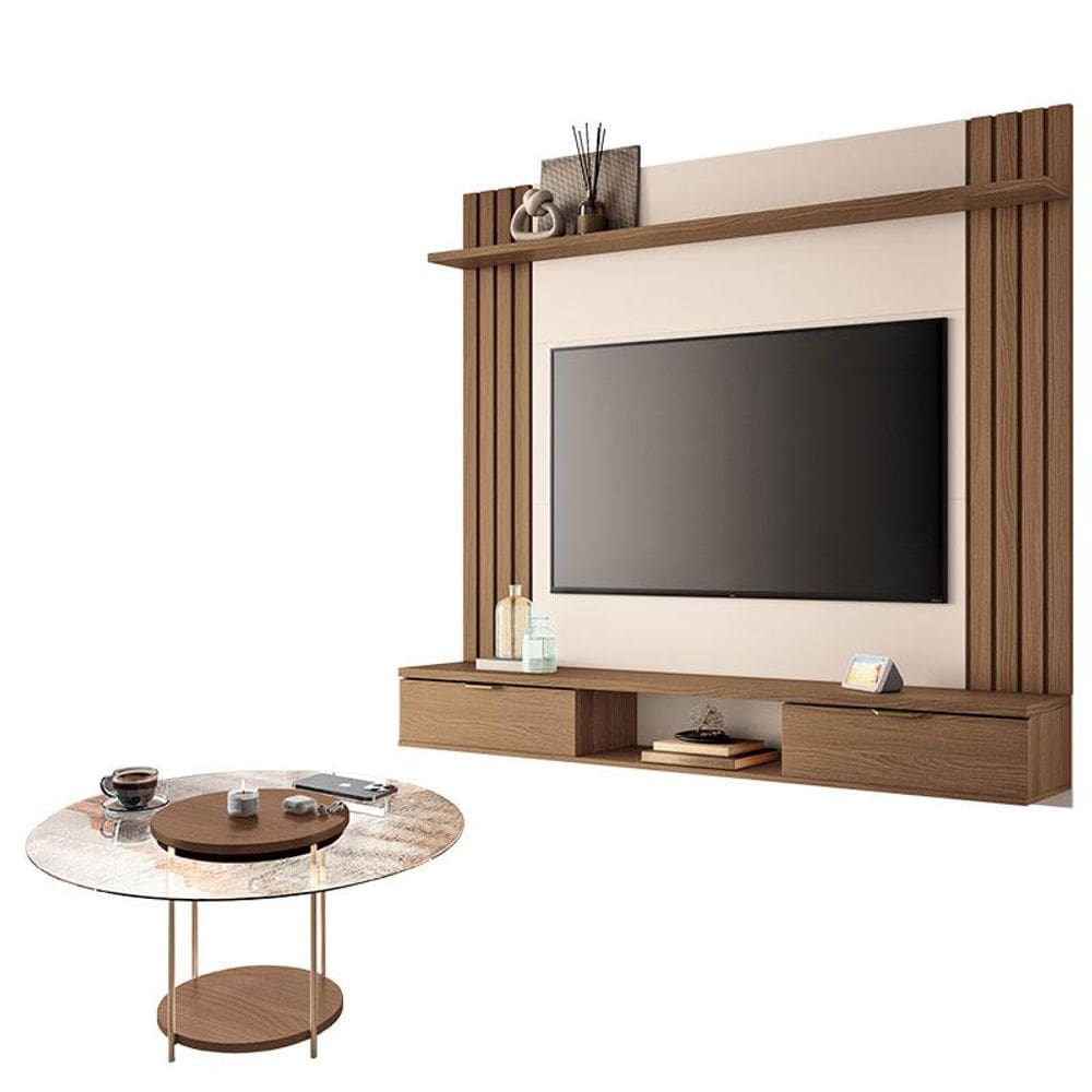 Painel para TV Suspenso Solus e Mesa de Centro SKY com Tampo de Vidro Castanho Off White - HB Móveis