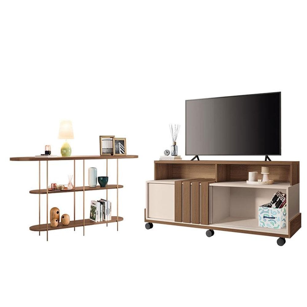 Rack Bancada Graci 1.3 com Aparador Infinity Castanho Off White - HB Móveis