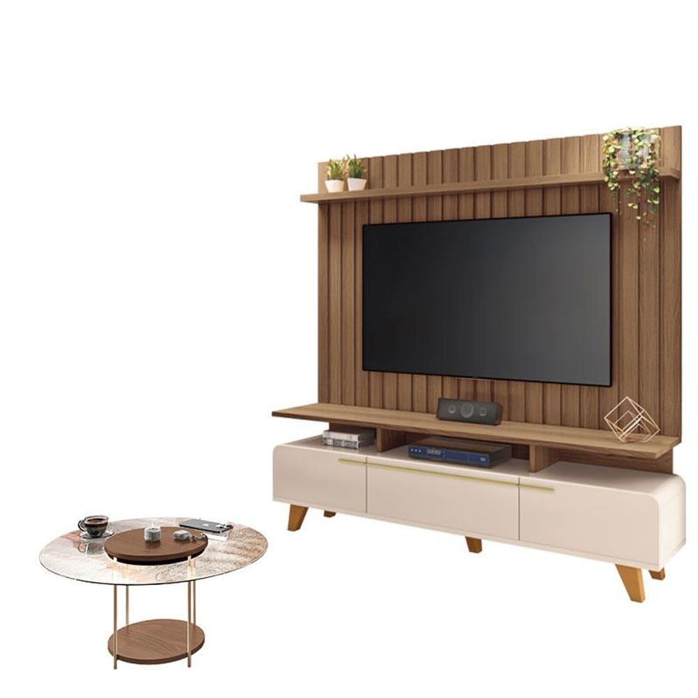 Rack Bancada Essenza e Painel Link 2.0 com Mesa de Centro Sky com Tampo de Vidro Off White Castanho - HB Móveis