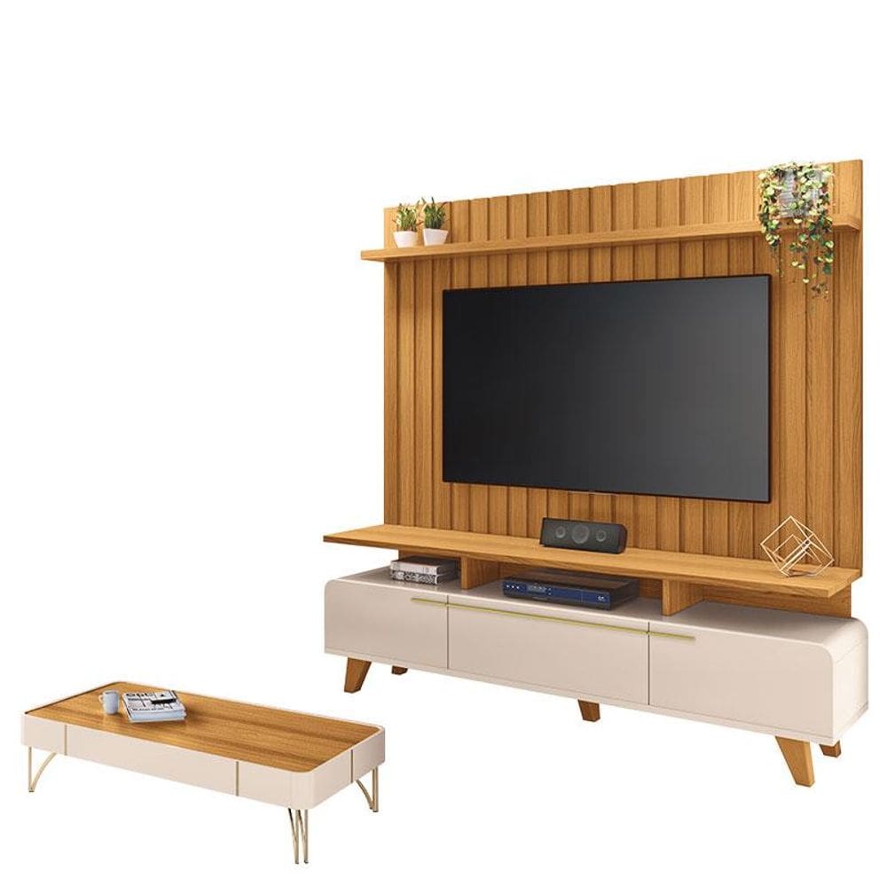 Rack Bancada Essenza e Painel Link 2.0 com Mesa de Centro Cadenza Off White Cinamomo - HB Móveis