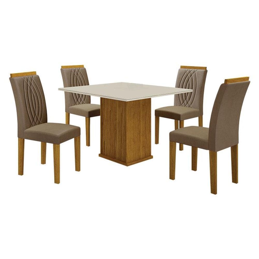 Mesa de Jantar Napoli 90x90 Reto Freijó Decor Off White com 4 Cadeiras Doha MDF Freijó Joli Camurça - Leifer Móveis