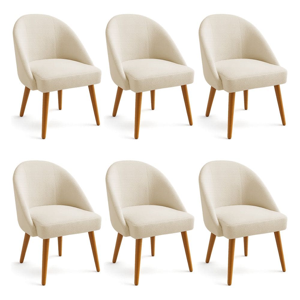 Kit 06 Cadeiras Poltrona de Jantar Estofada Luna Boucle Bege Pés Palito Castanho - Pallazio