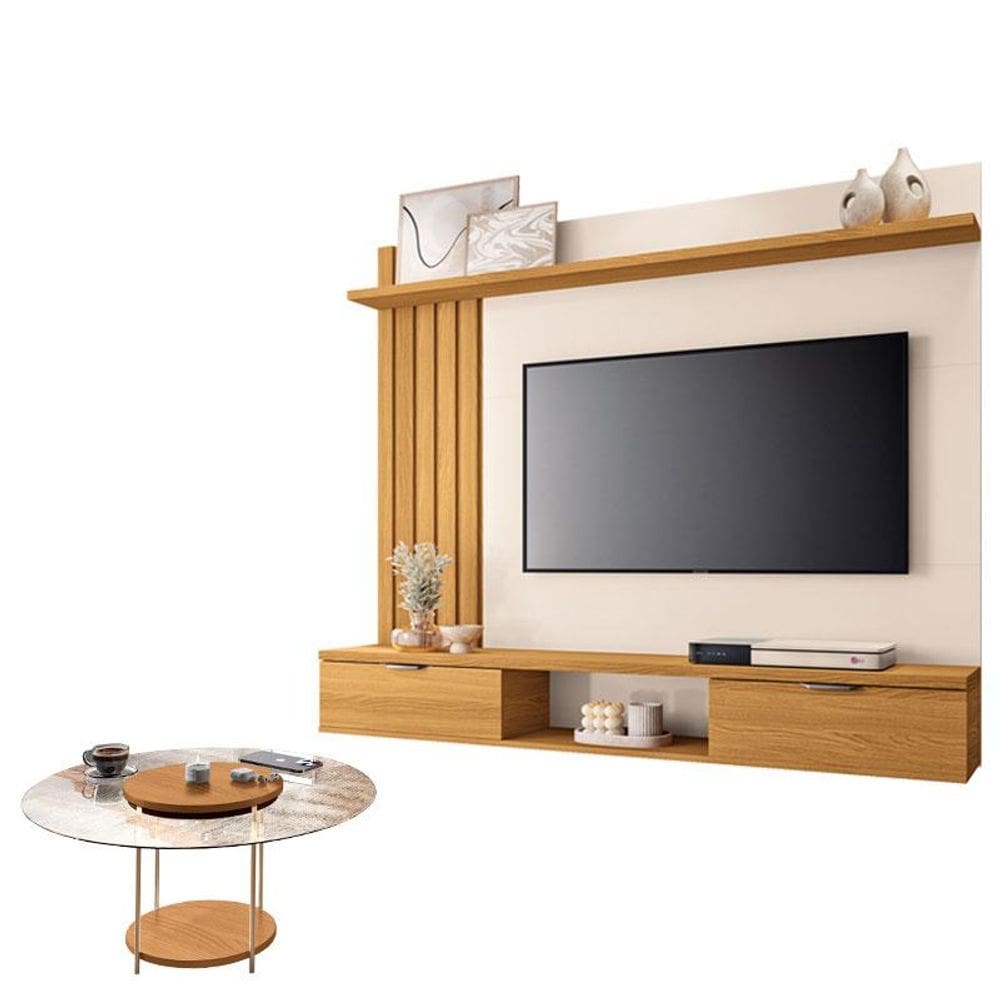Painel para TV Suspenso Lets e Mesa de Centro Sky com Tampo de Vidro Cinamomo Off White - HB Móveis