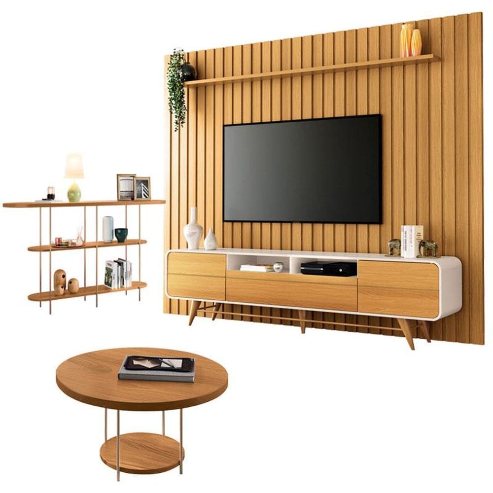Rack Bancada Época com Painel Ripado You 2.7 com Mesa de Centro Sky e Aparador Infinity Cinamomo Off White - HB Móveis