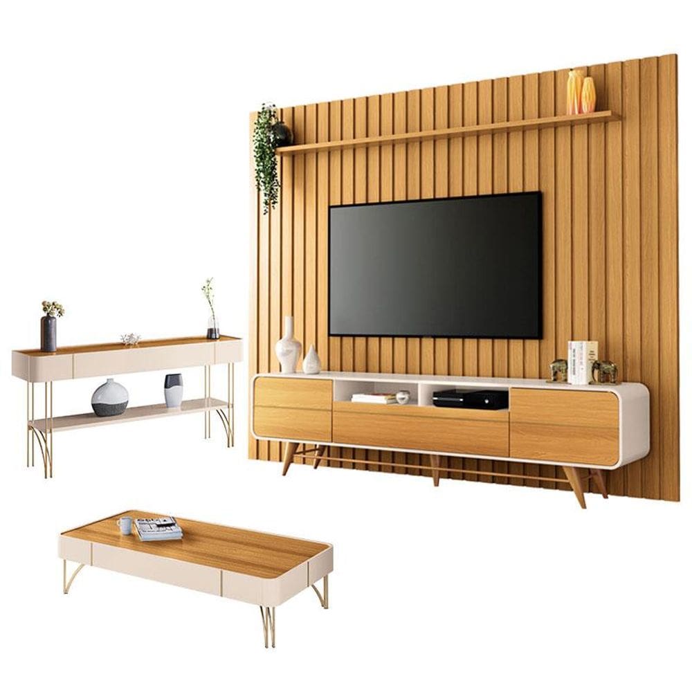 Rack Bancada Época com Painel Ripado You 2.7 com Mesa de Centro Cadenza e Aparador Vivant Cinamomo Off White - HB Móveis