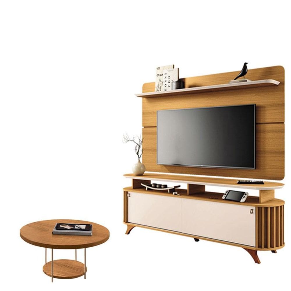 Rack Bancada Alba com Painel Curv com Mesa de Centro Sky Cinamomo Off White - HB Móveis