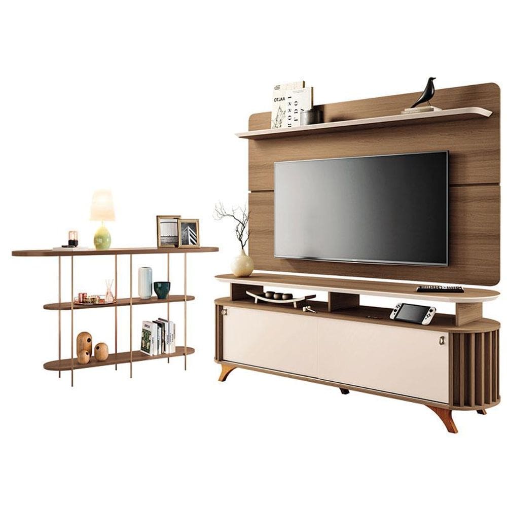 Rack Bancada Alba com Painel Curv com Aparador Infinity Castanho Off White - HB Móveis