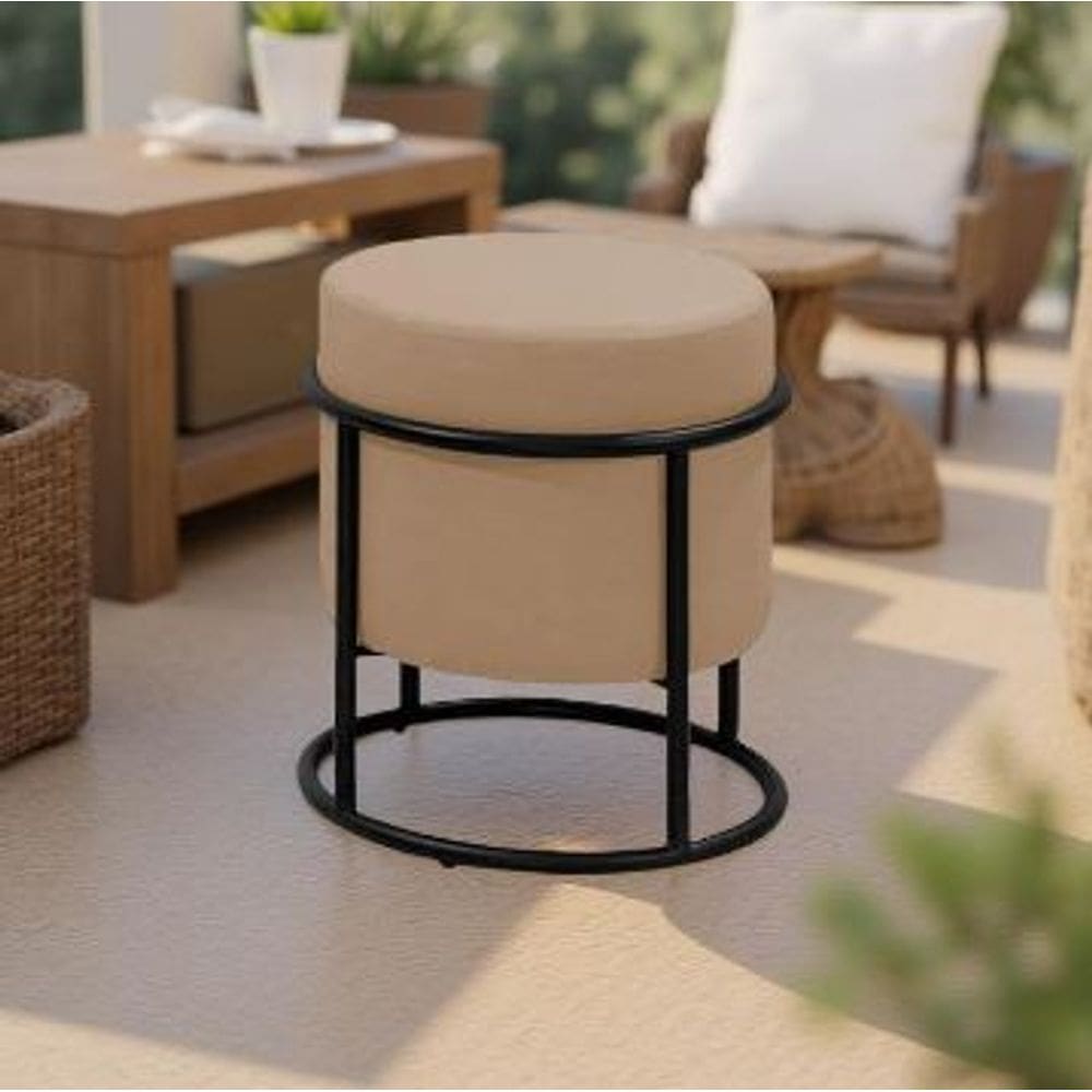 Puff Banqueta Decorativo Redondo Base de Ferro Moscow Linho Bege