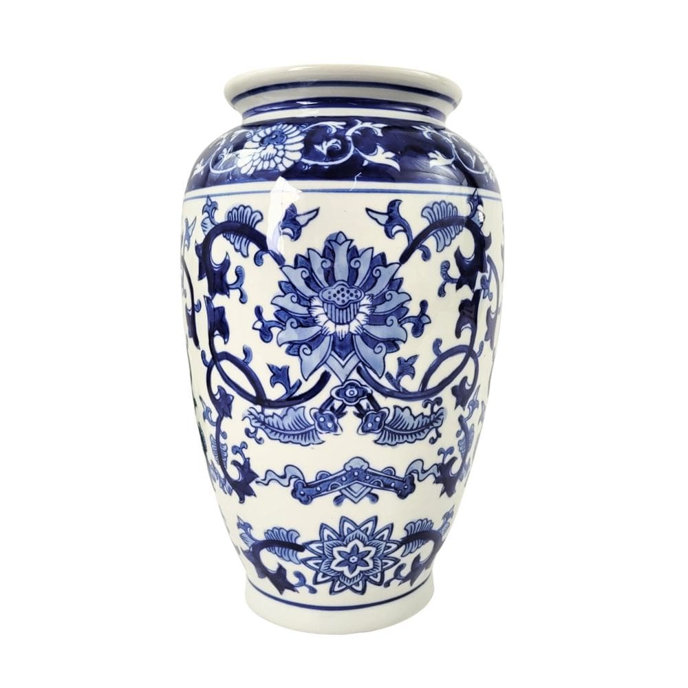 Vaso Porcelana Azul Branco Floral Clássico 30Cm Decoração