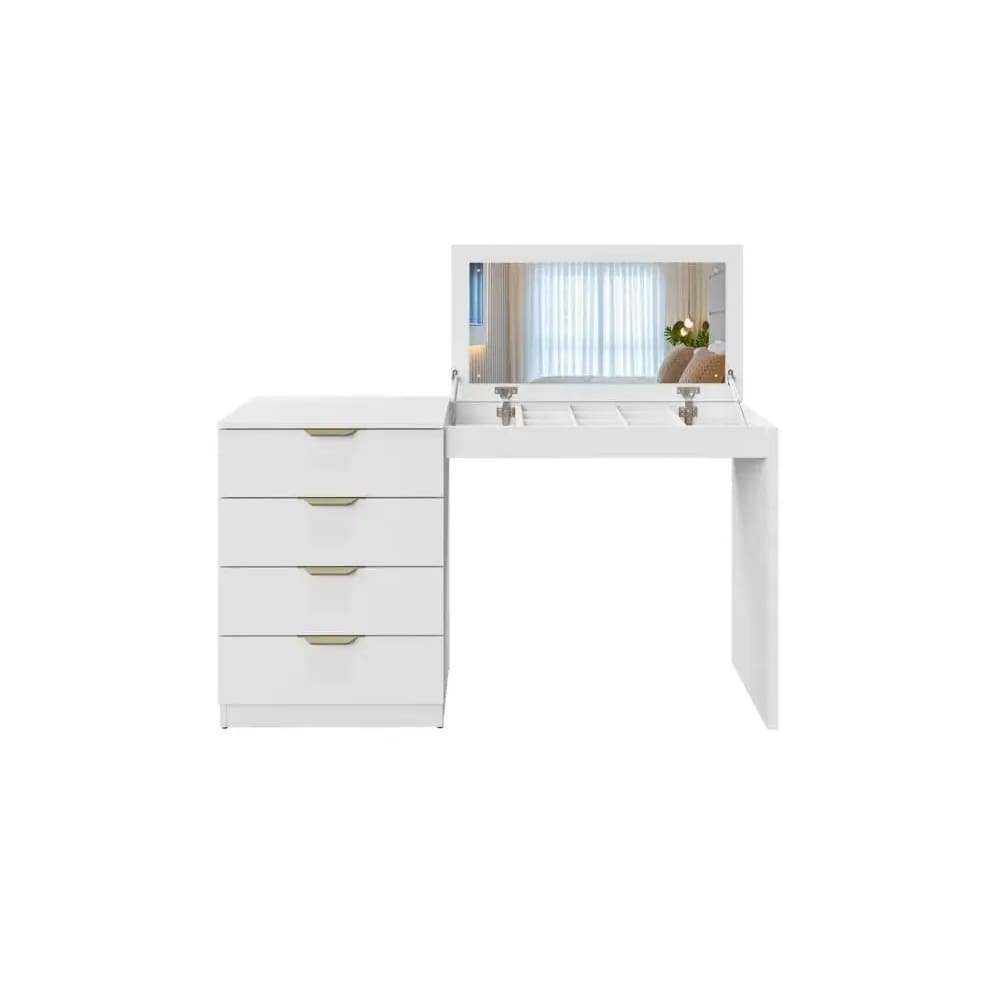 Escrivaninha Penteadeira 4 gavetas com porta joias Princess - Branco/Acetinado - Mavaular