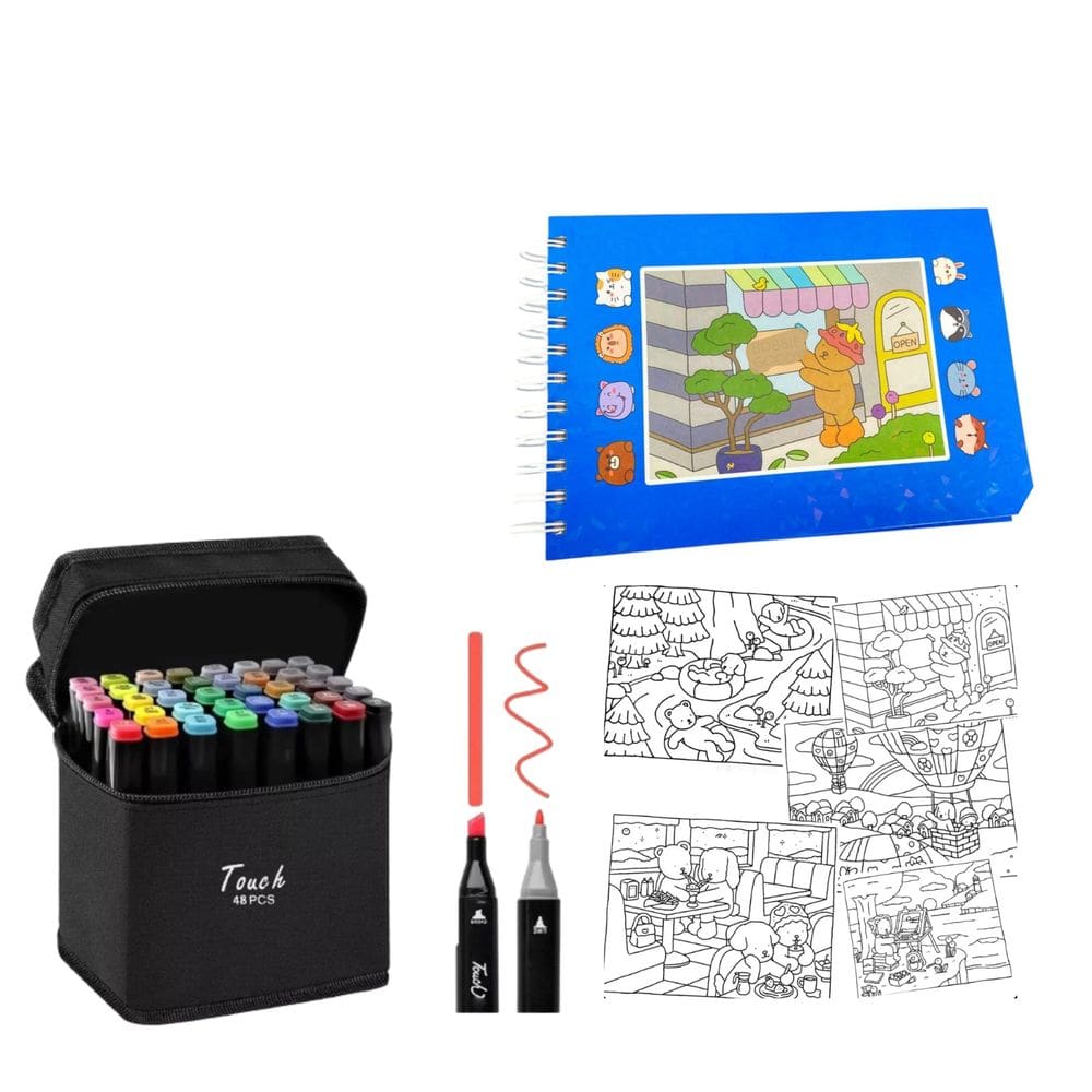 Canetinha 48 Cores com Livro De Pintar Ursinho Fofo 100 Folhas Desenho Divertido Estojo