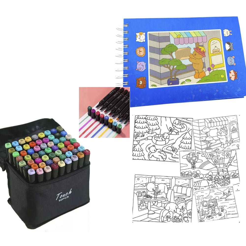 Canetinhas 60 Cores Livro de Pintar Ursinho Fofo Divertido Colorir Estojo Caneta Ponta Dupla