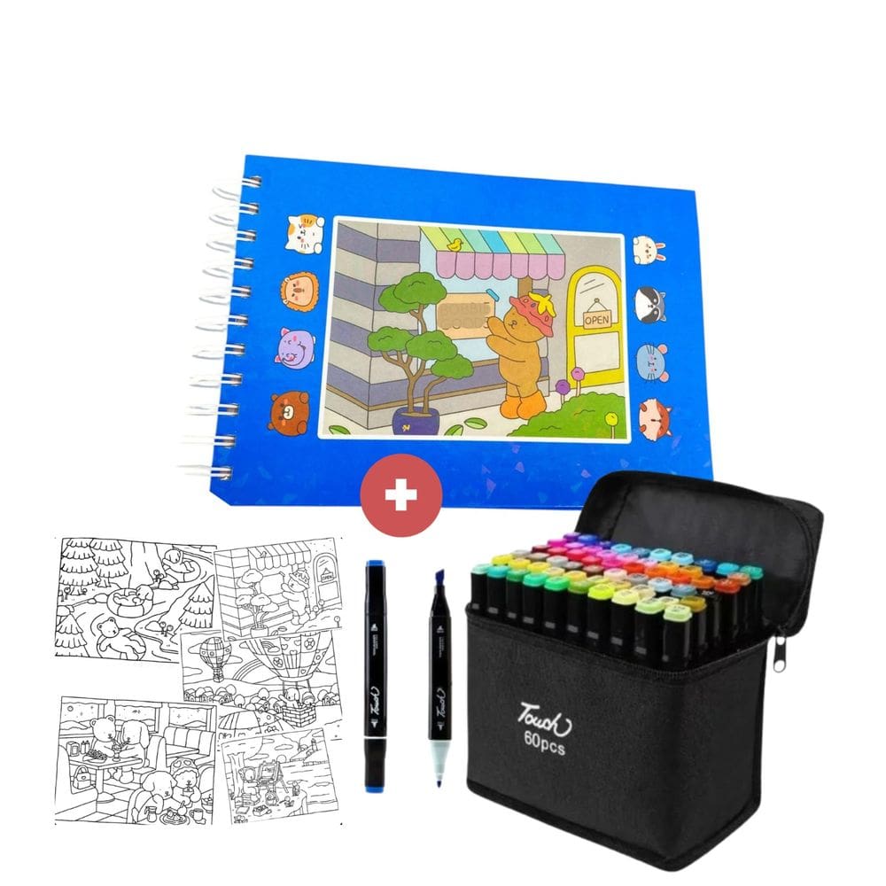 Canetinha 60 Cores Ponta Dupla Livro De Colorir 100 Paginas Pinturas Desenho Ursinho Fofo Divertido