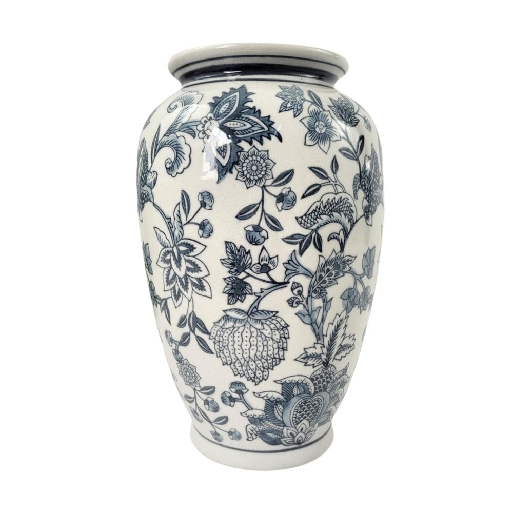 Vaso Decorativo Porcelana Azul E Branco Floral Clássico 30Cm