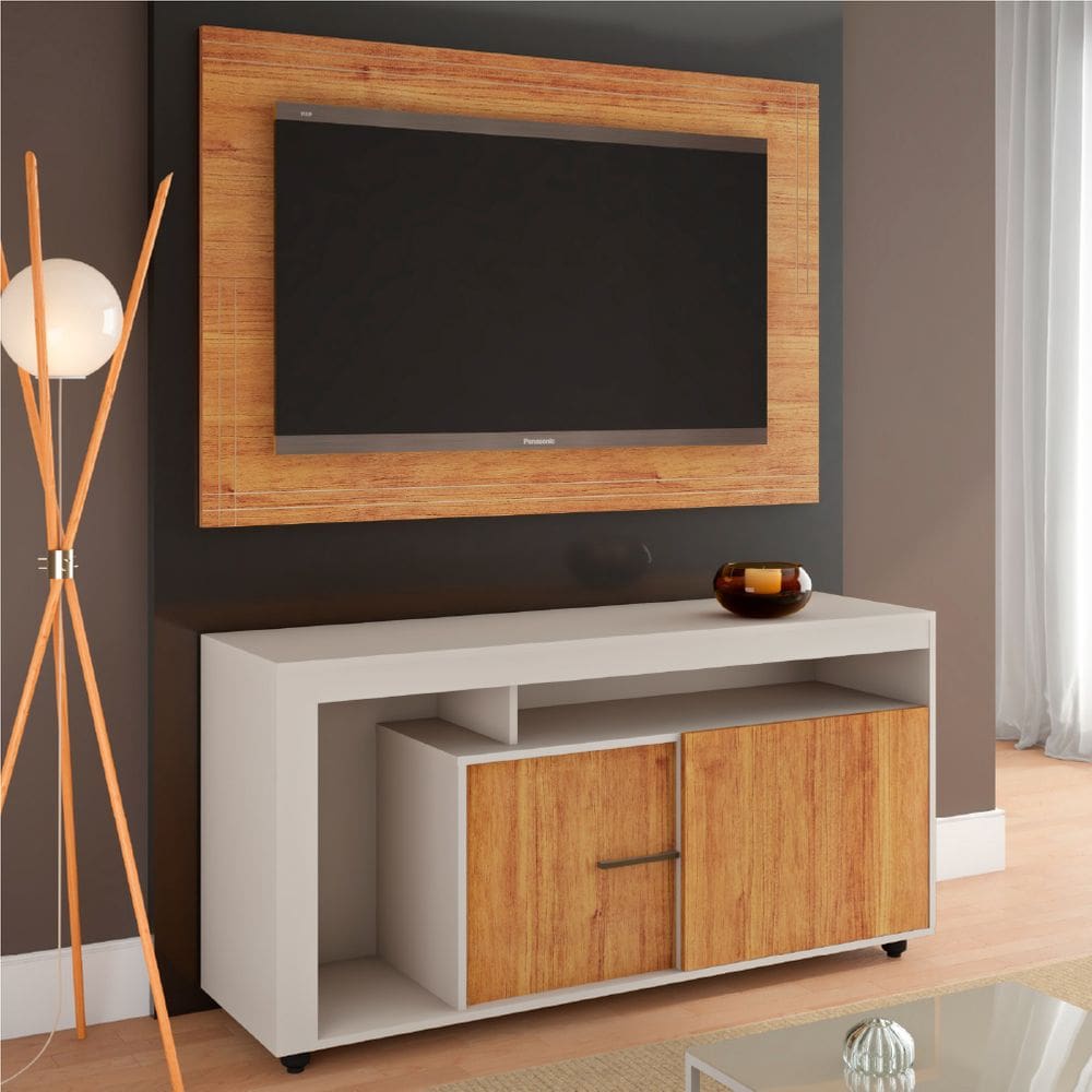 Conjunto Rack Bancada c/ Painel p/ TV`s até 50 Polegadas 2 Portas Lubech Lindau Off White/Madeirado