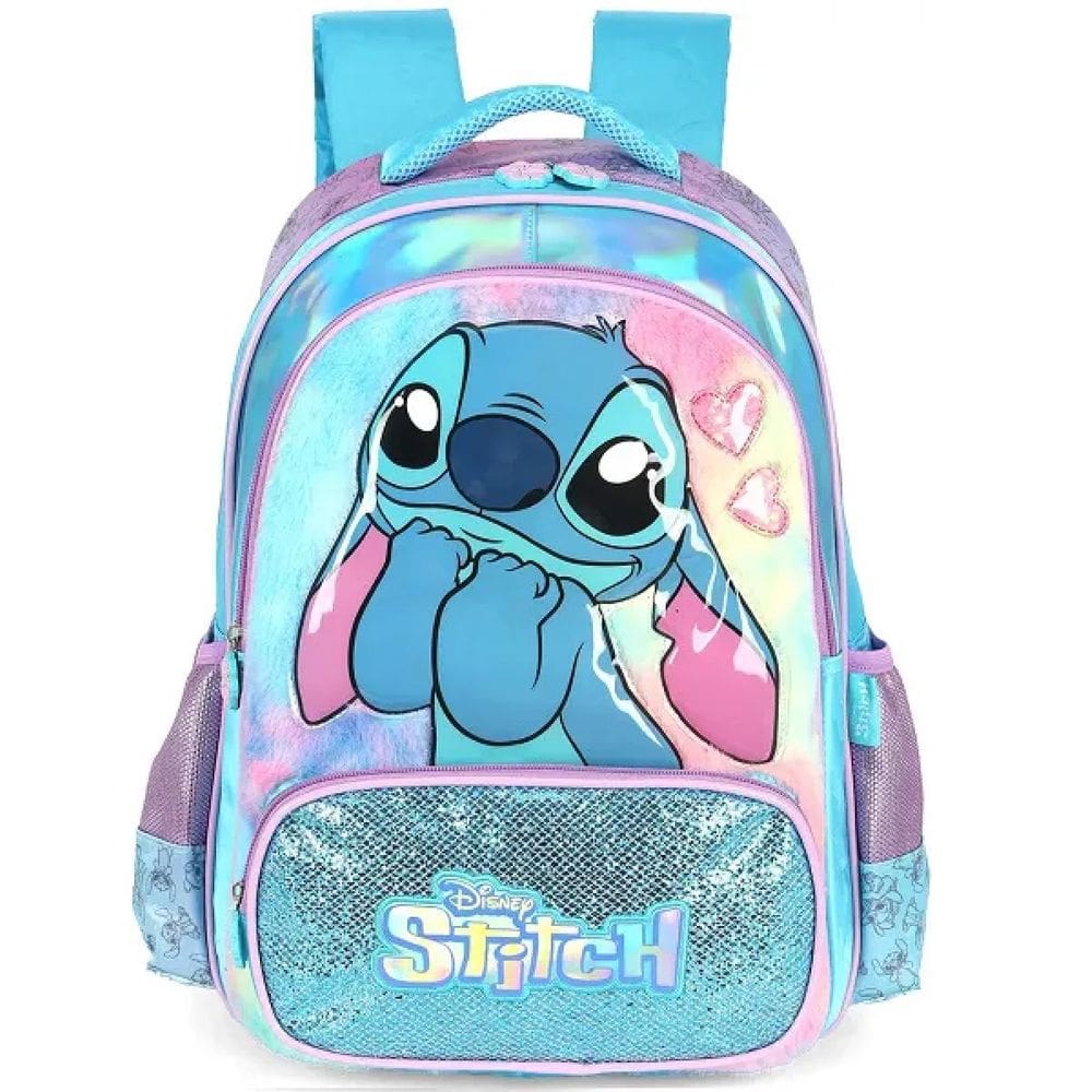 Mochila Disney Stitch Bolsa de Costas Infantil Pelucia Azul