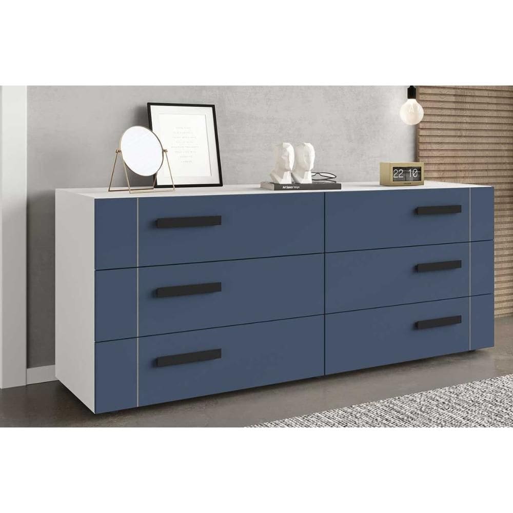 Cômoda de Quarto Lisboa c/ 6 Gavetas Branco/Azul - Politorno