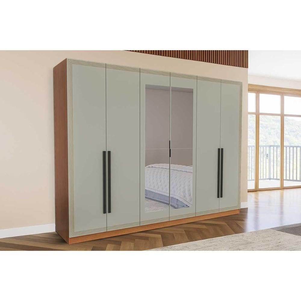 Guarda Roupa Casal 6 Portas (2 c/ Espelho) e 4 Gavetas Lisboa Freijo/Verde - Politorno