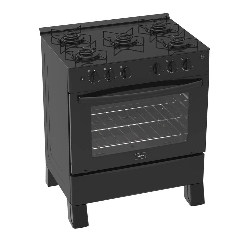 Fogão 5 Bocas Preto Ares Glass com Forno 94 L em Vidro Temperado Realce