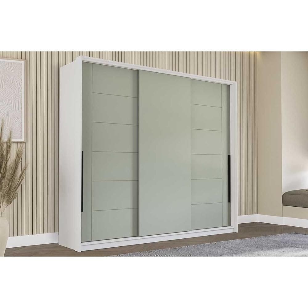 Guarda Roupa Casal 3 Portas de Correr e 4 Gavetas Lisboa Branco/Verde - Politorno