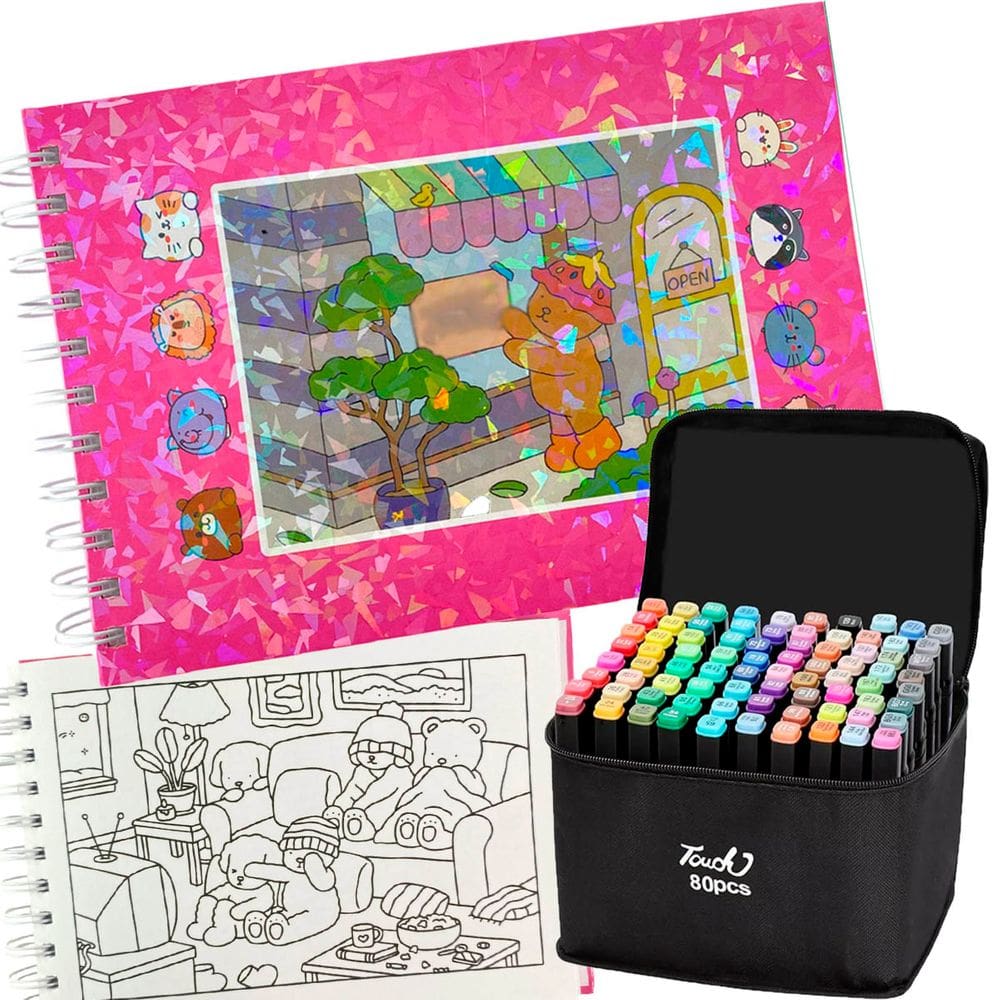 Livro de Pintar Color Com Canetinhas 24 Cores 100 Paginas Capa Dura Estojo Caneta Permanente Ponta Dupla Desenho Fofo