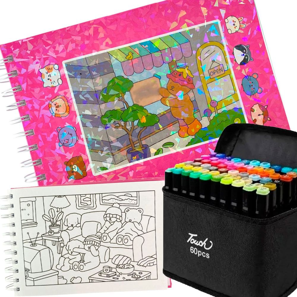 Livro De Pintar Urso Fofo Capa Dura 100 Paginas Canetinhas 60 Cores Permanente Ponta Dupla