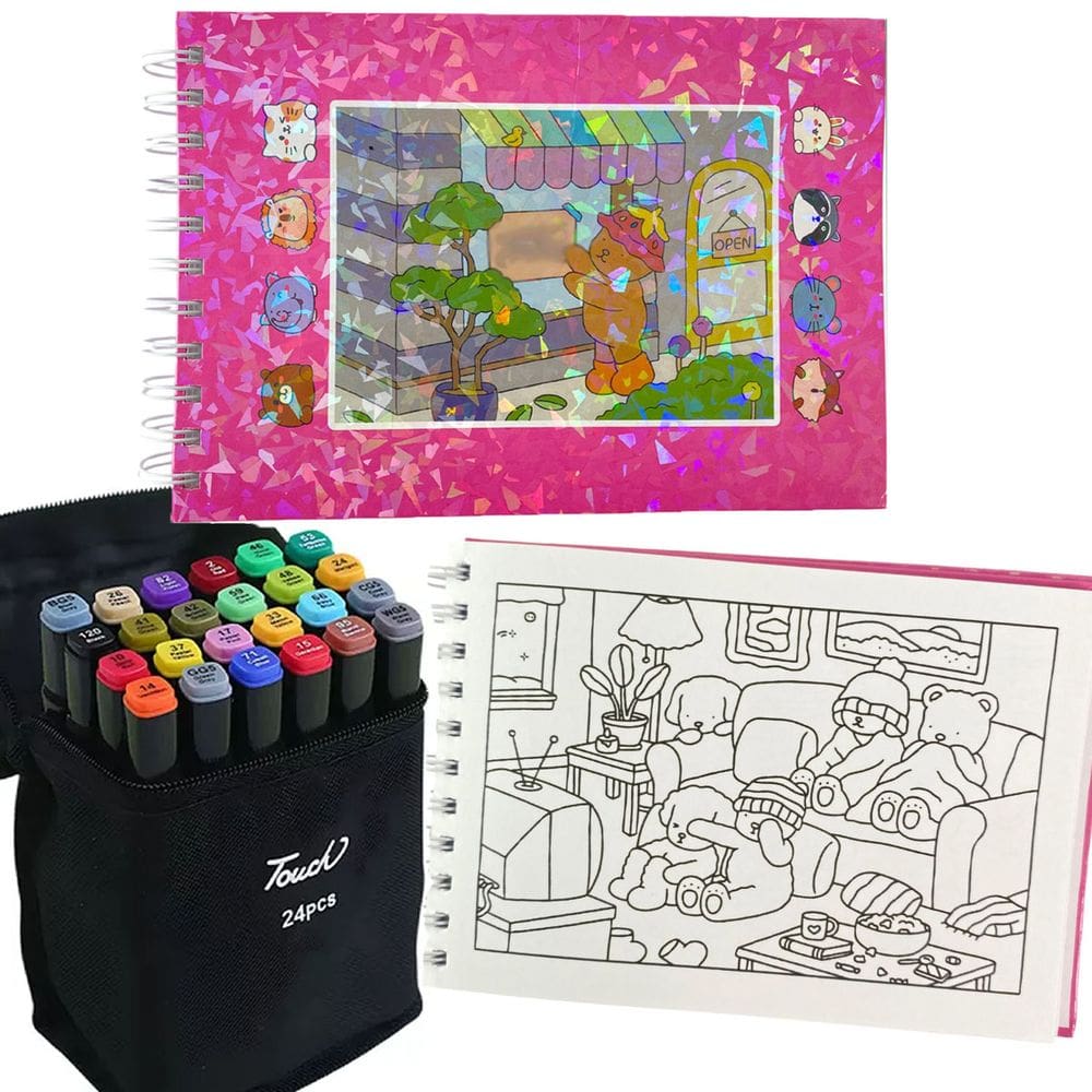 Livro Colorir Capa Dura 100 Paginas Canetinhas 24 Cores Permanente Ponta Dupla Estojo Portatil Marcador