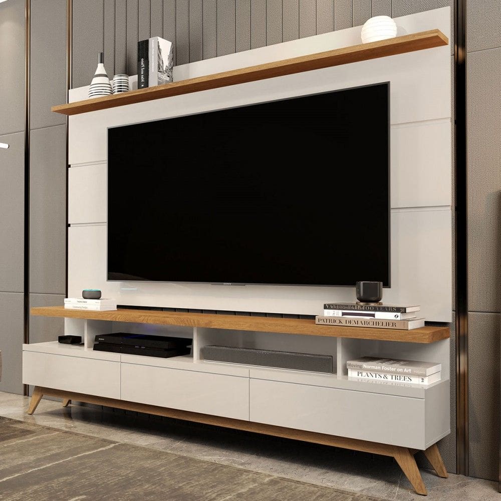 Rack com Painel para TV Até 72 Polegadas Vivare Wood New 3 Gavetas Off White/Natural - Giga Móveis