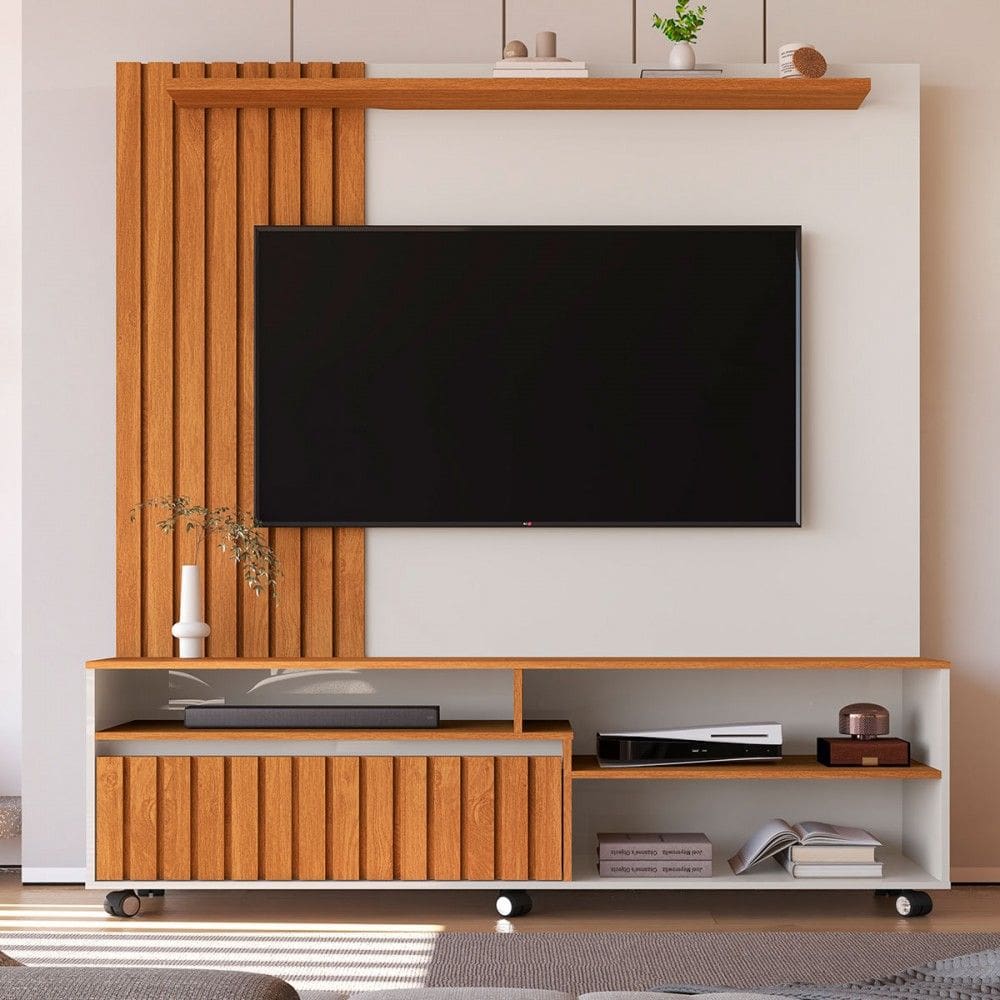 Estante para TV Até 65 Polegadas Havana 1 Gaveta Ripado Off White/Natural - Giga Móveis