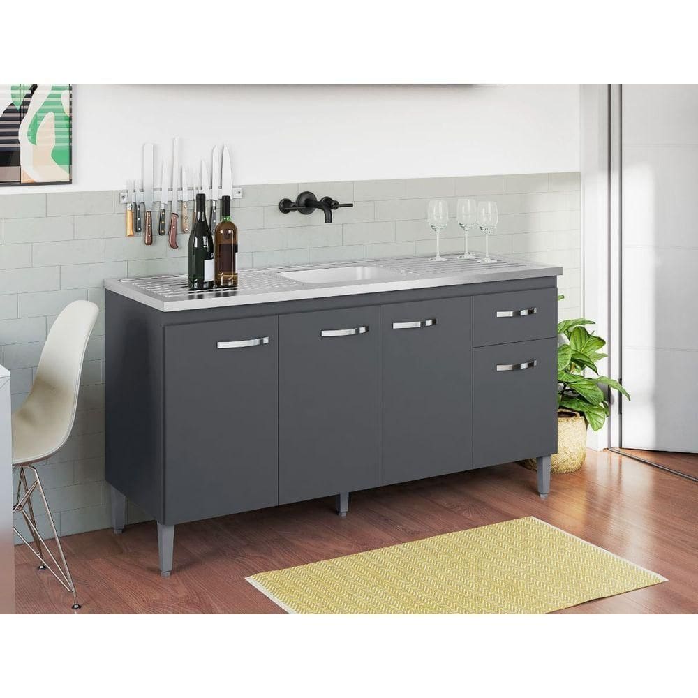 Balcão Armário Para Cozinha Com Tampo 150 Cm Gabriela Cinza Fosco