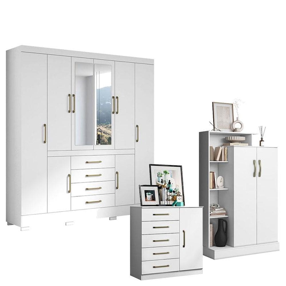 Guarda Roupa Casal Nápole 2045149 com Armário Multiuso Florença 2000199 e Cômoda Sapateira Milão 2014145 Branco Brilho - Aramóveis