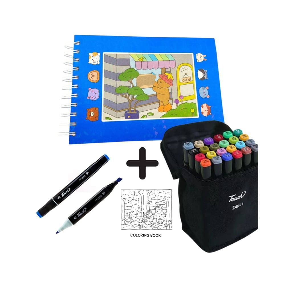 Canetinhas 24 Cores Com Livro de Pintar Ursinho Fofo Estojo Caderno Colorir 100 Folhas Capa Dura Divertido Lazer