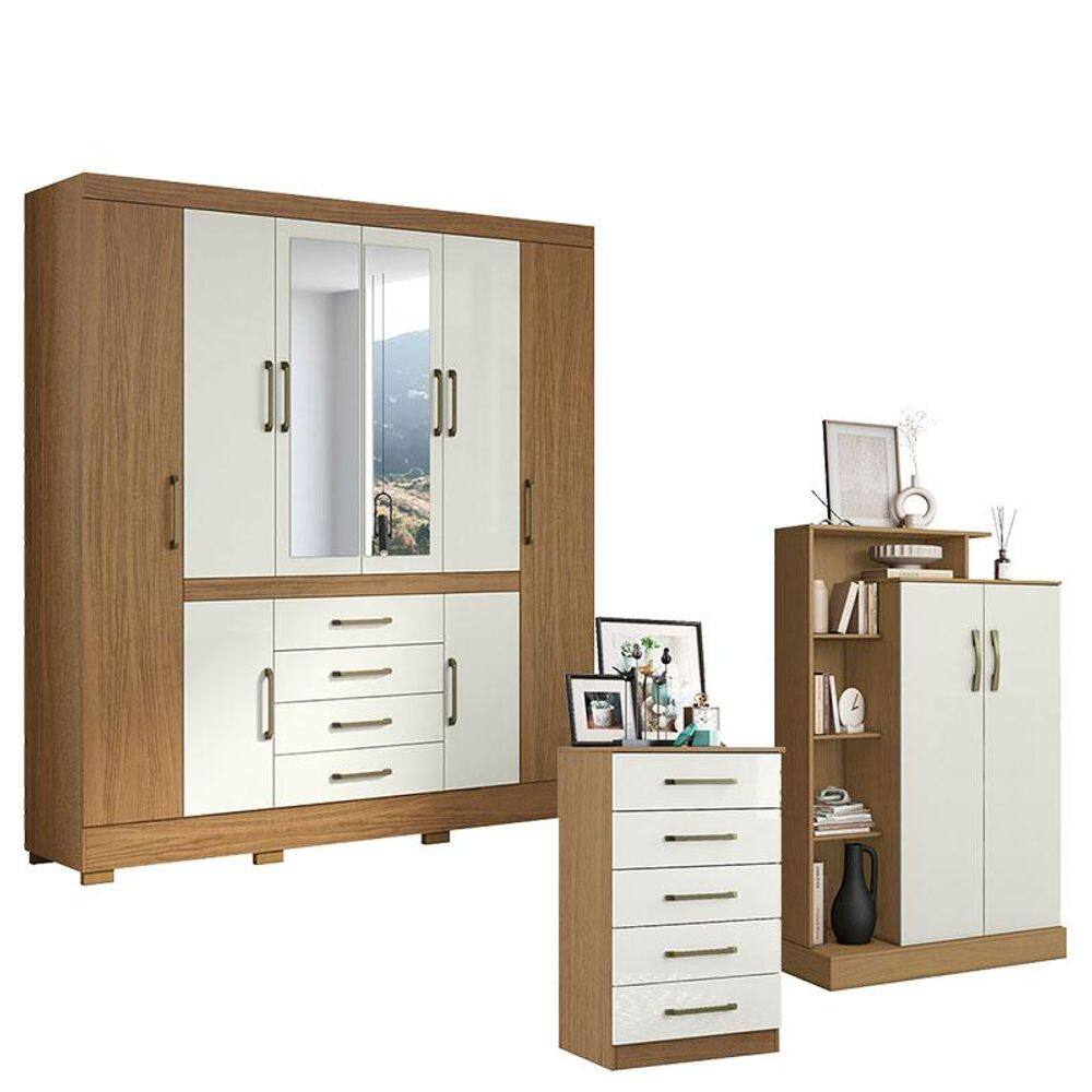 Guarda Roupa Casal Nápole 2045149 com Armário Multiuso Florença 2000199 e Cômoda 5 Gavetas 2014140 Atacama Off White - Aramóveis