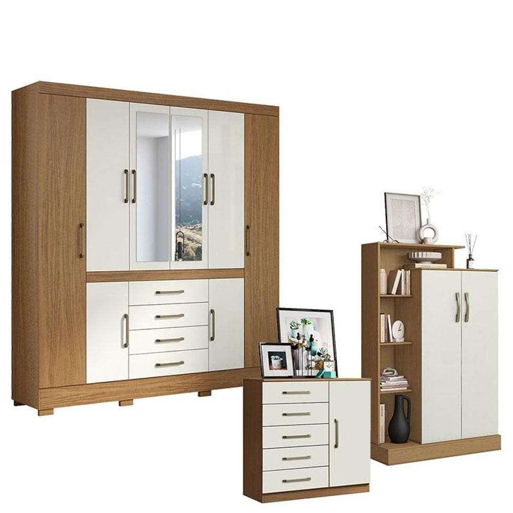 Guarda Roupa Casal Nápole 2045149 com Armário Multiuso Florença 2000199 e Cômoda Sapateira Milão 2014145 Atacama Off White - Aramóveis