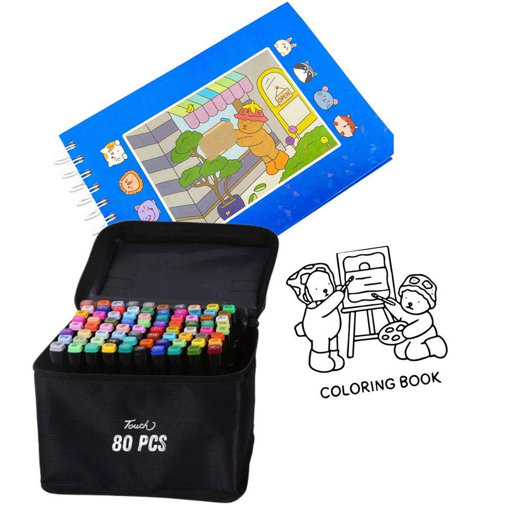 Canetinhas 80 Cores Ponta Dupla Livro Pintar Ursinho Fofo 100 Paginas Divertido Estojo Marcador Pintura Hobbie Lazer