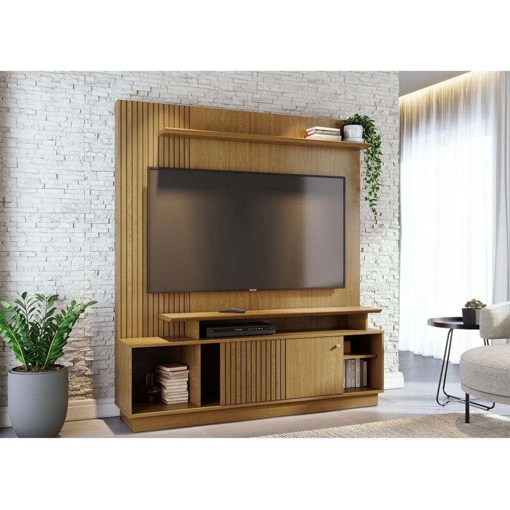 Home Theater Ares Porta em MDF Frisado Para TV`s até 65 Polegadas - Cumaru Madetec