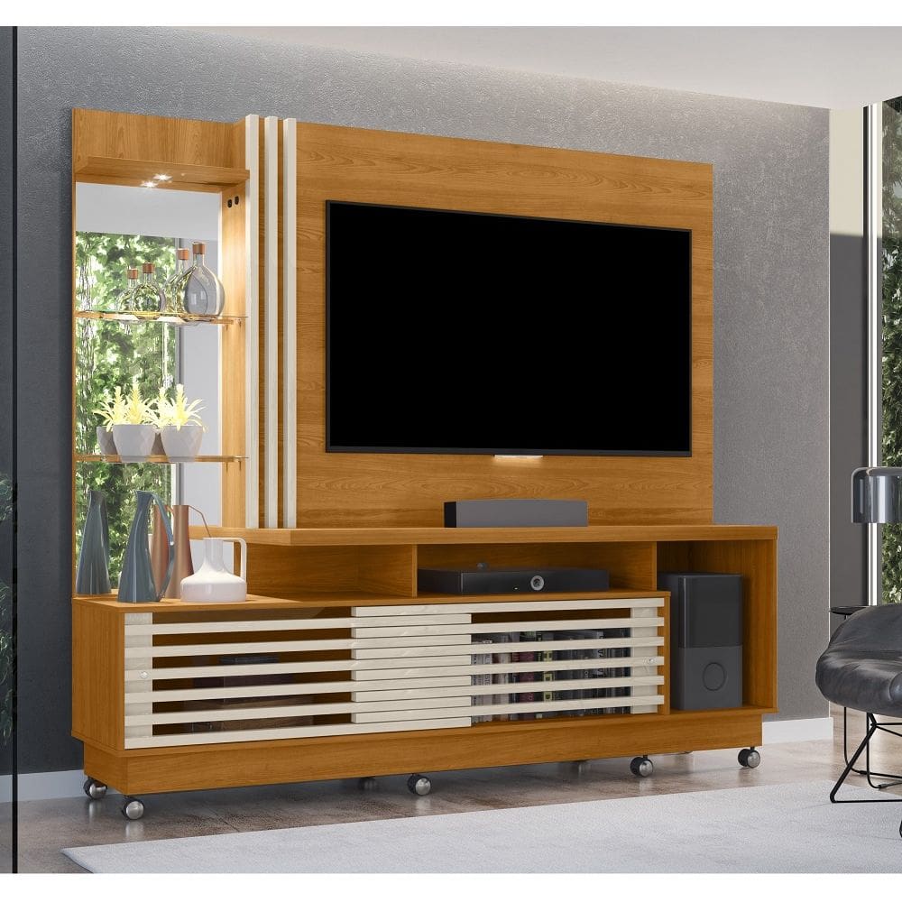 Home Theater Frizz Plus com Rodizío Portas Frizadas, Espero e Led - Cinamomo/Off White Madetec