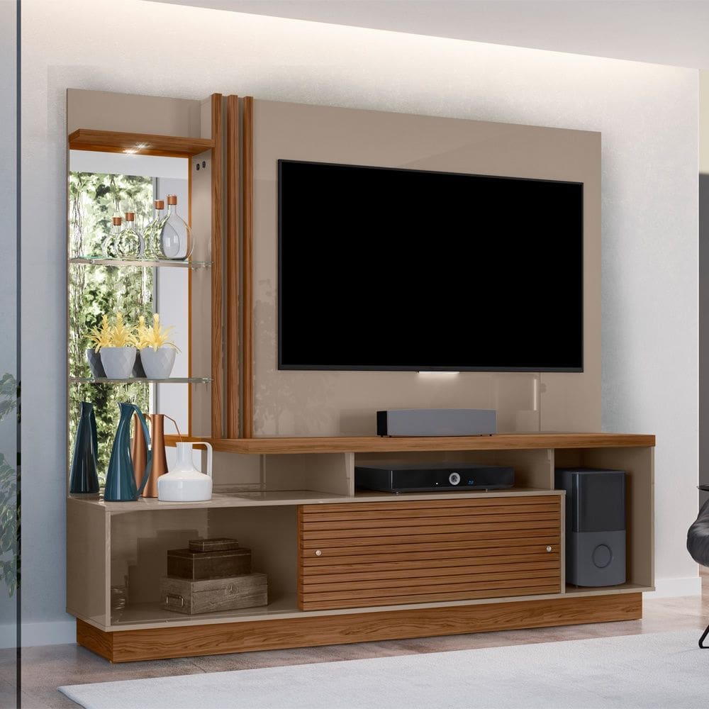 Home Theater Frizz Plus Com Portas Deslizantes Frisadas, Espelho e Led - Fen-di/Naturale Madetec