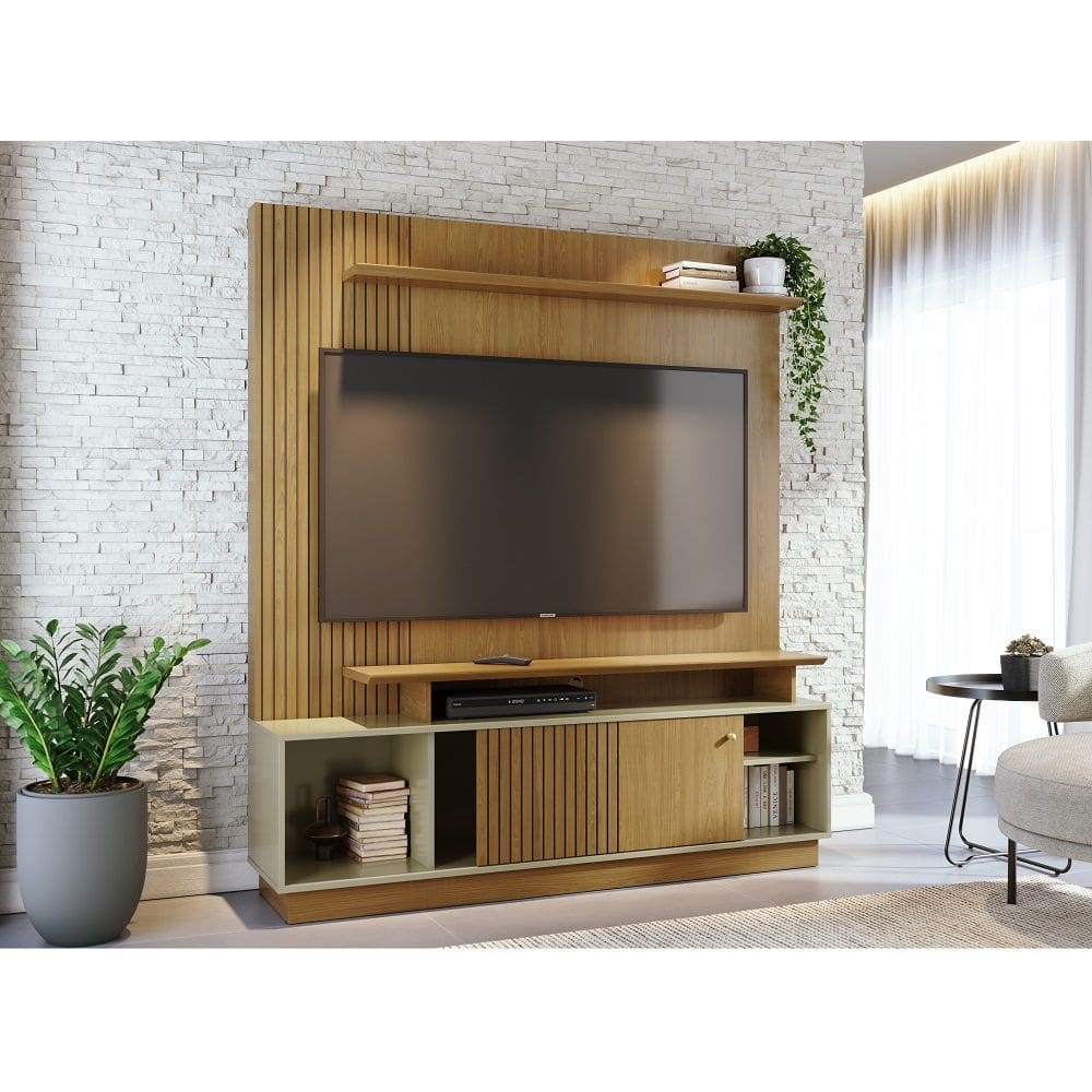 Home Theater Ares Porta em MDF Frisado Para  TV`s até 65 Polegadas - Cumaru/Opala Madetec
