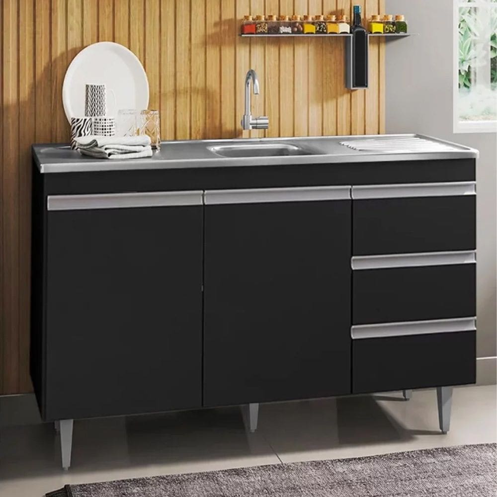 Balcão Andréia com Pia e Cuba GhelPlus 120cm Preto AJL Móveis