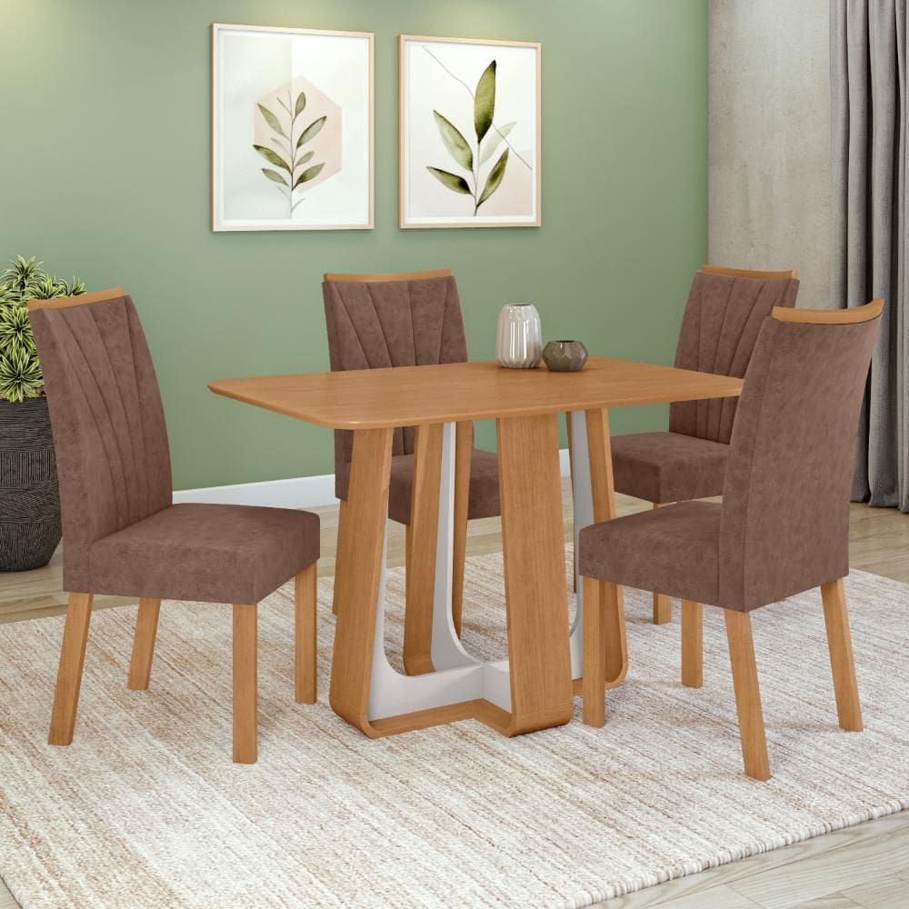 Conjunto Sala de Jantar Mesa Easy Pop 120x80cm Tampo MDF com 4 Cadeiras Confort Couro Avelã Amêndoa/Off White
