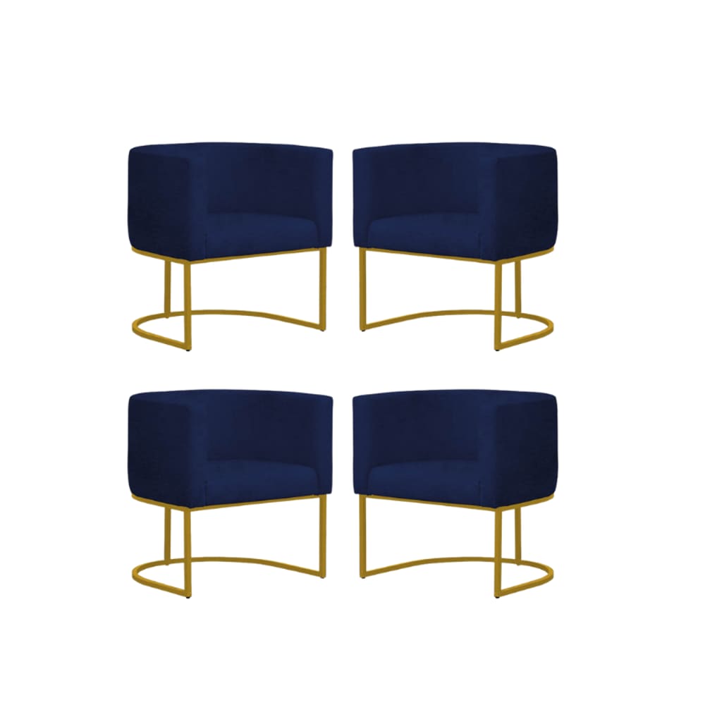 Kit 4 Poltronas Reforçada Decorativa Sala Gabriela Base Ferro Dourada Suede Azul Marinho