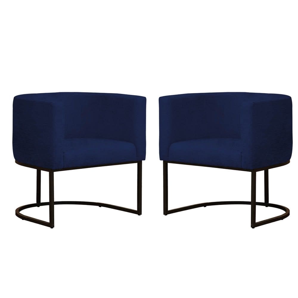 Kit 2 Poltronas Reforçada Decorativa Sala Gabriela Base Ferro Preta Suede Azul Marinho