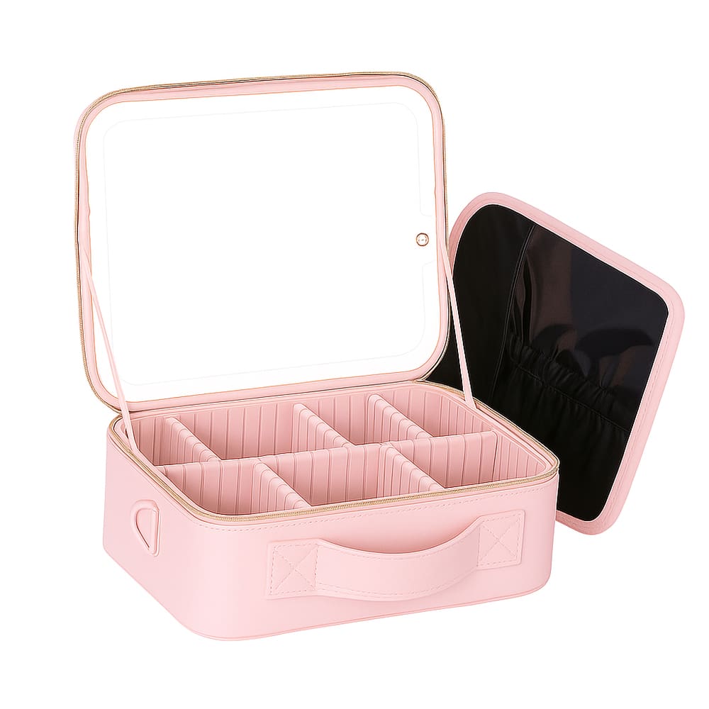 Maleta de Maquiagem Espelho LED Iluminado Organizador Rosa