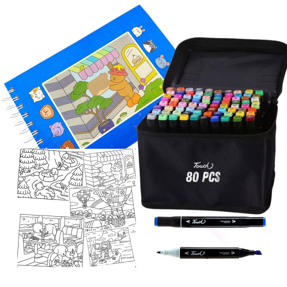 Canetinhas 80 Cores Livro Pintar Ursinho Fofo Canetas Marcadora 100 Folhas Colorir Desenho Divertido Pintura Hobbie Lazer
