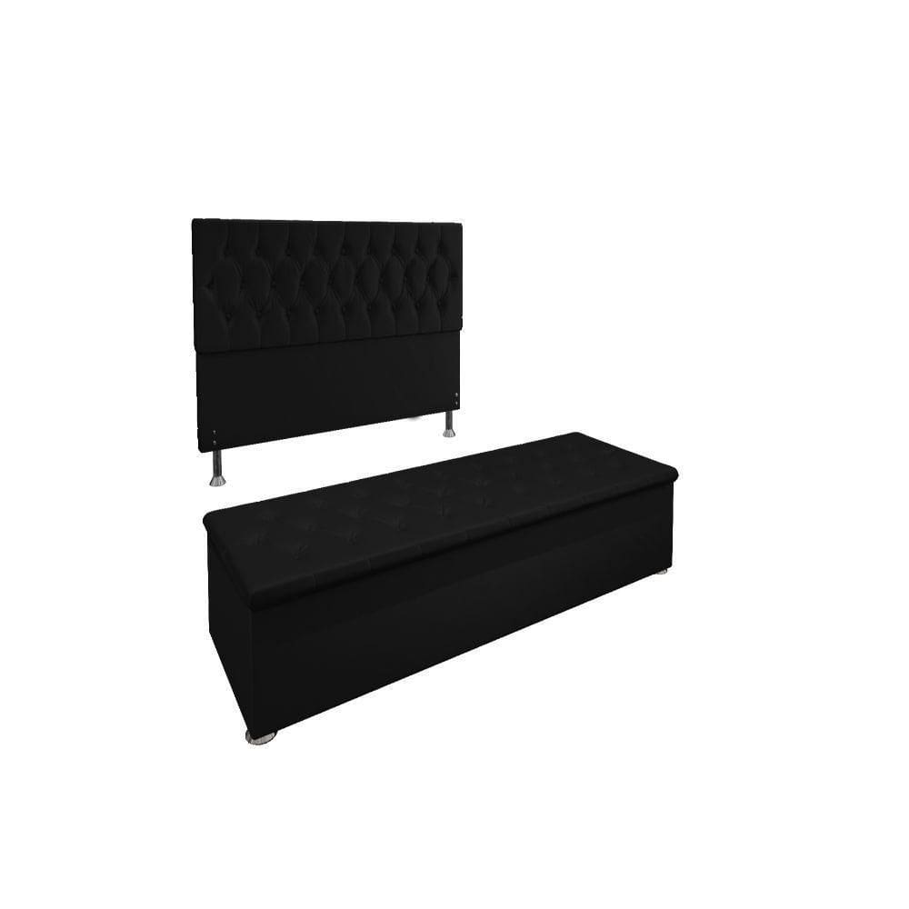 Kit Cabeceira Calçadeira Baú Casal 140 Cm Suede Preto
