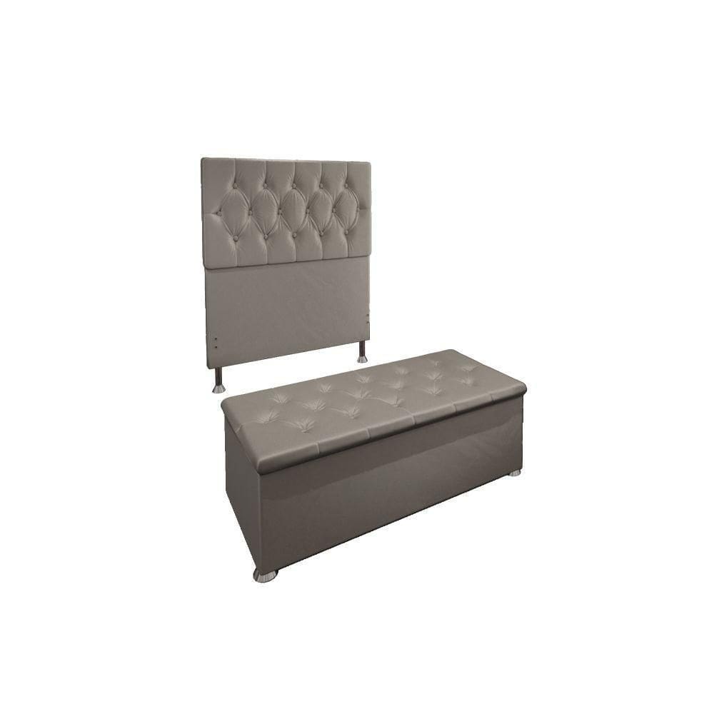 Kit Cabeceira Calçadeira Baú Solteiro 90cm Suede Bege